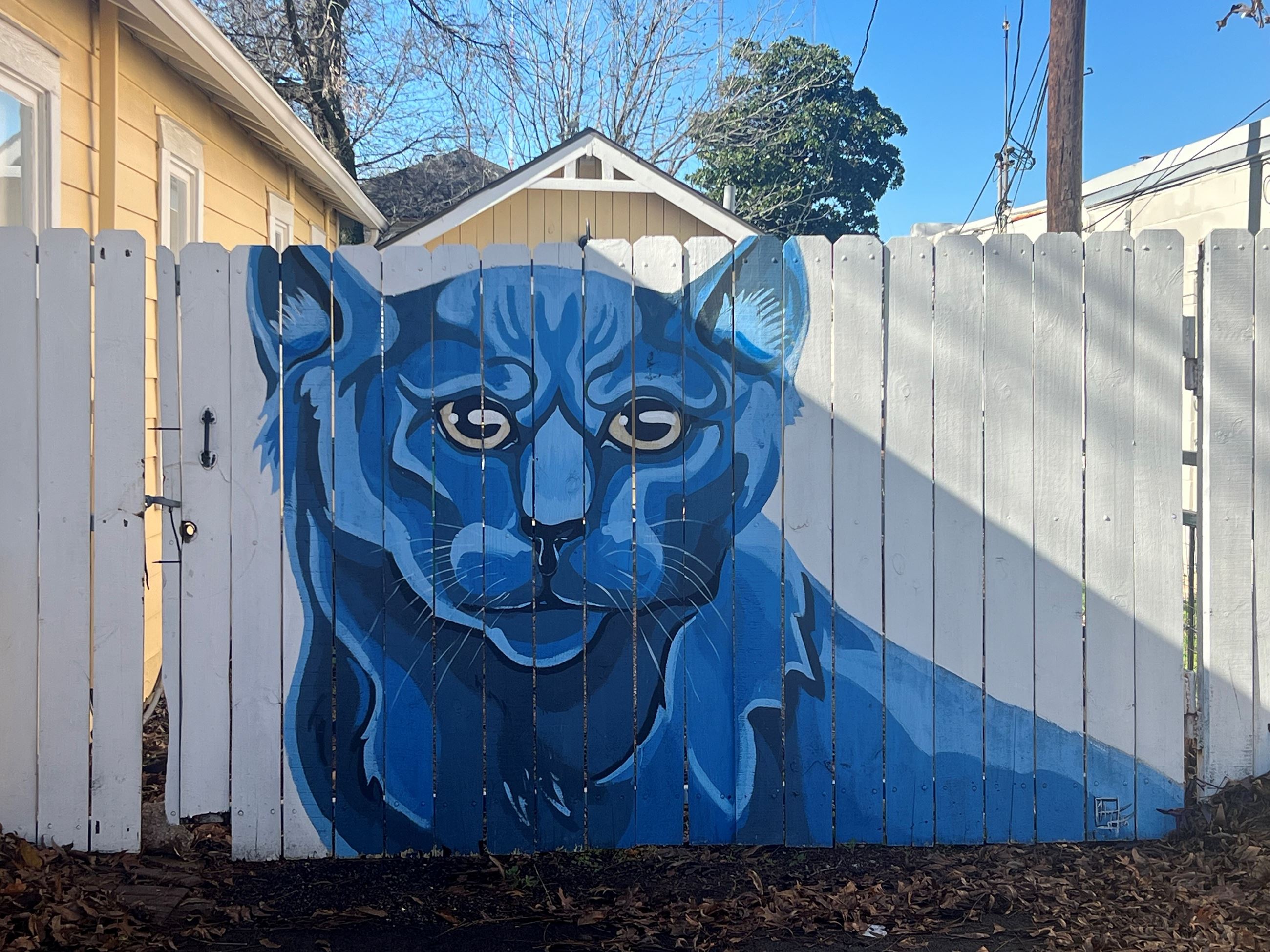 Mural of a large blue cat painted on white fence panels